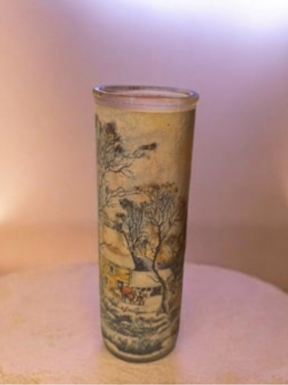Vintage~1960s~Candle Jar or Vase~Glass Sugar Frosted~Scenic Cottage Landscape